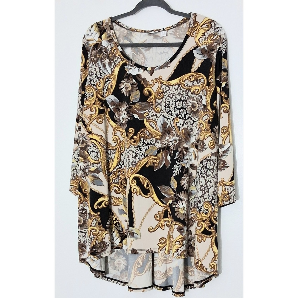 Susan Graver Top Size 2X Printed Liquid Knit Peplum Back Hi Low Hem 3/4 Sleeve